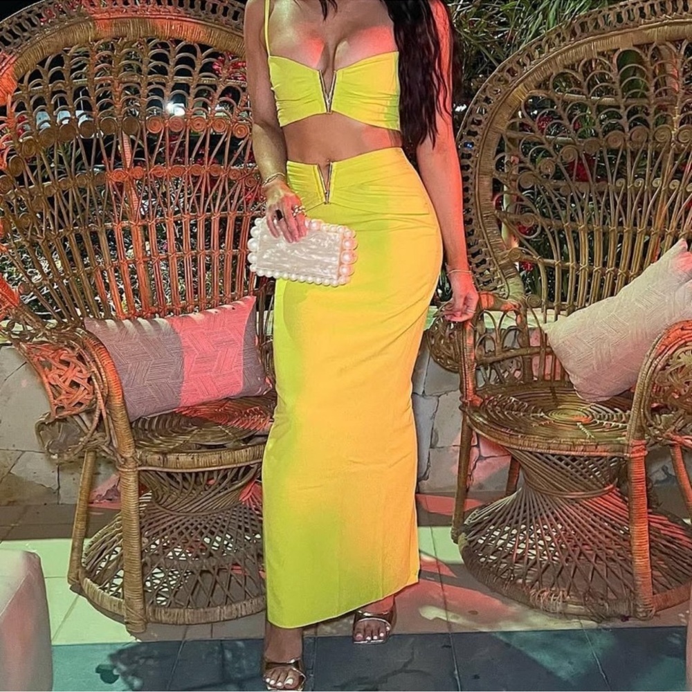Meshki Maxi Pencil Skirt Set in Yellow and Green for Cocktail